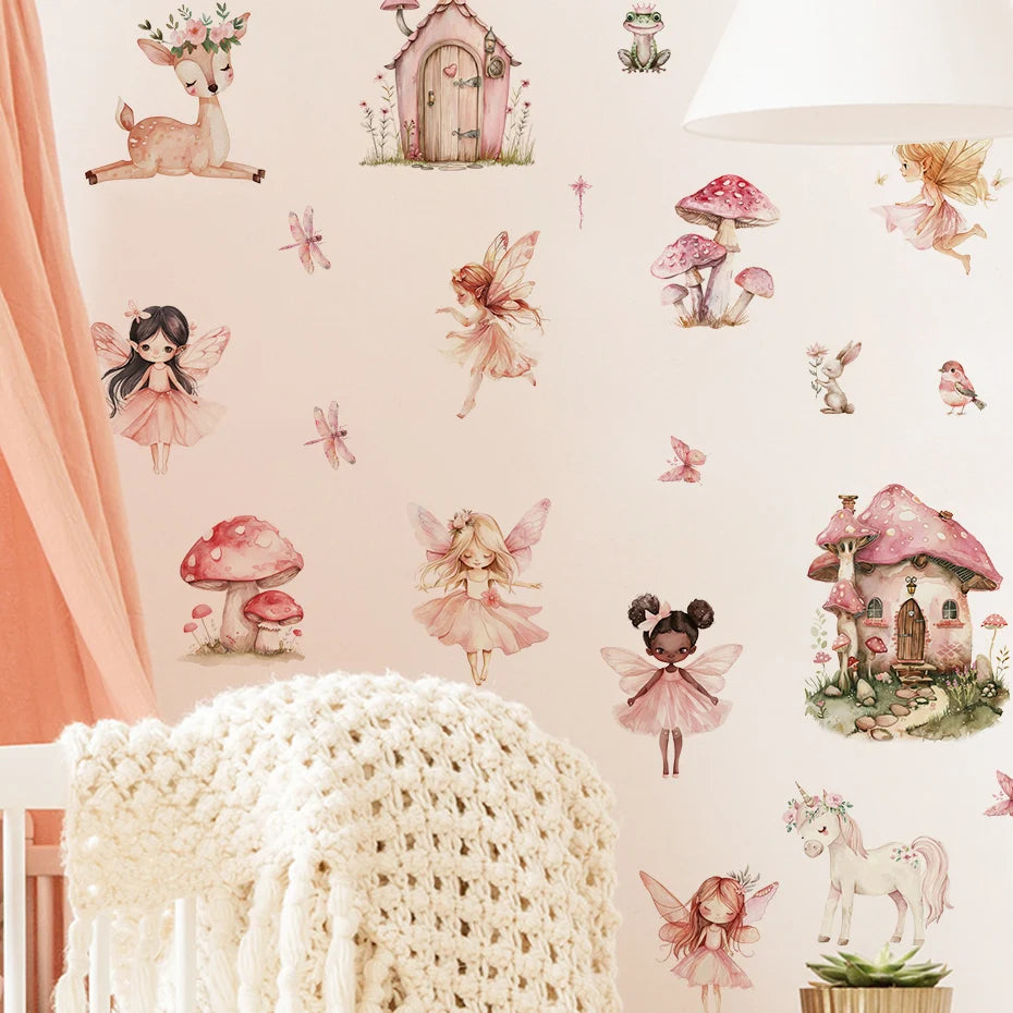 Children's room with fairy-themed wall decals on a light pink background.