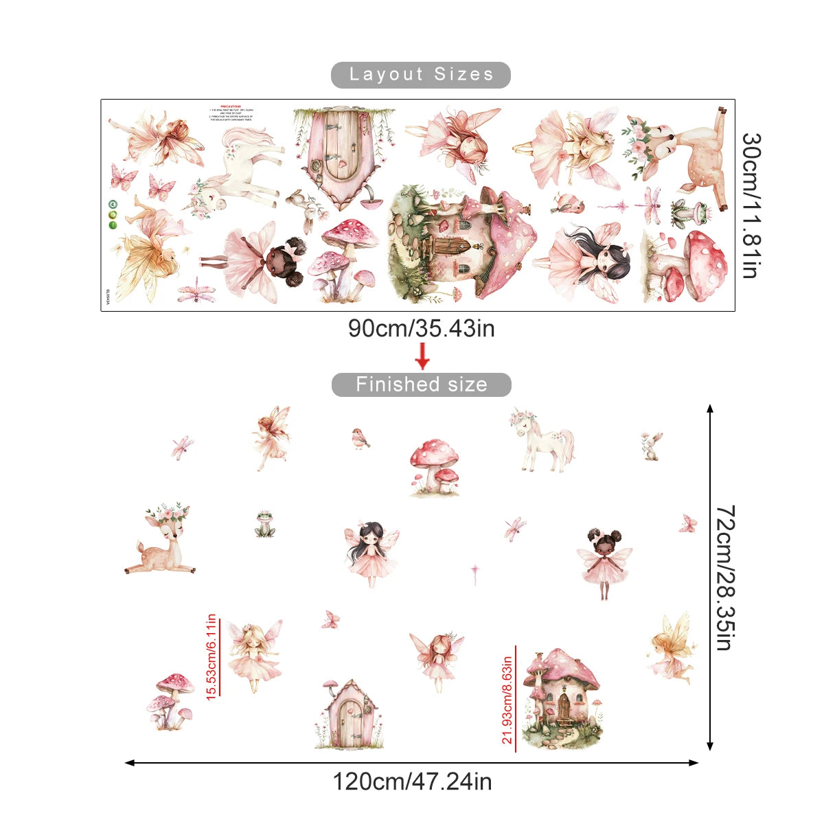 Set of fairy-themed wall stickers with measurements on a white background