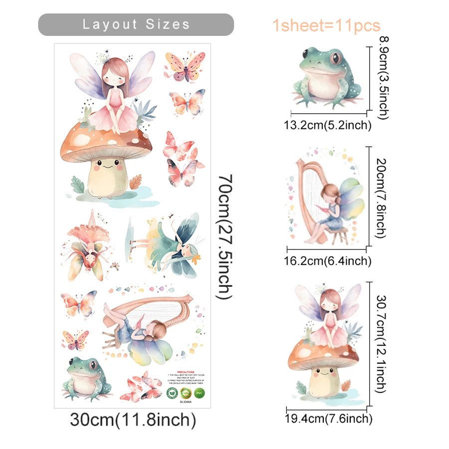 Sheet of stickers with fairy, mushroom, frog, and butterfly designs, showing layout sizes.