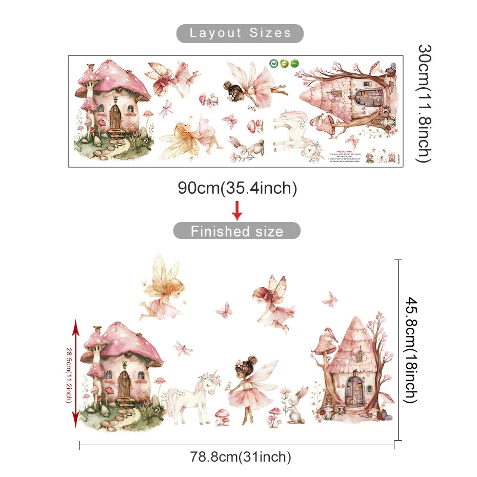 Wall decal set with fairy house, flowers, and butterflies, showing layout sizes on a white background.
