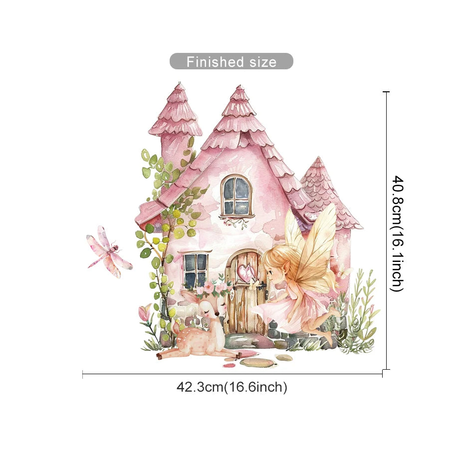 Illustration of a fairy house with a fairy and dog, showing dimensions on a white background.