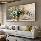 Large abstract painting of a floral arrangement on a wall above a beige sofa.