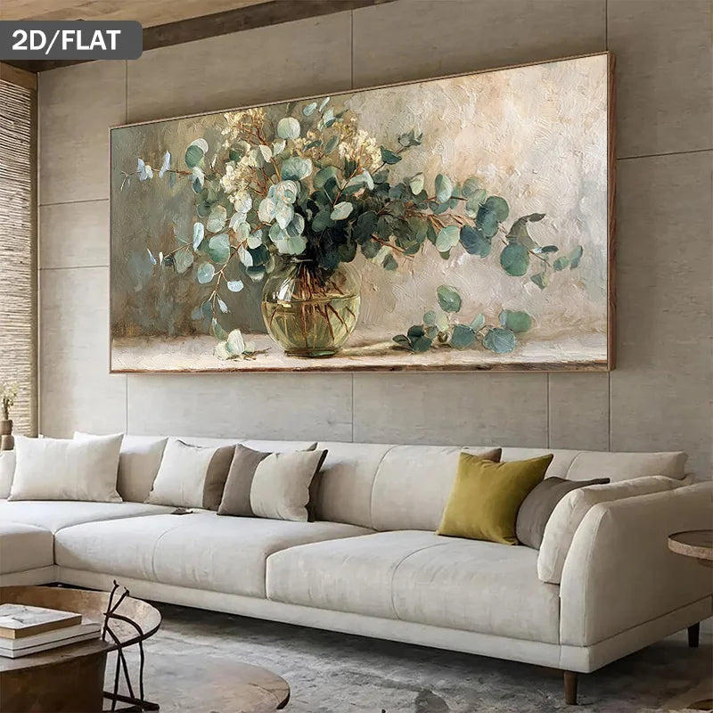 Large abstract painting of a floral arrangement on a wall above a beige sofa.