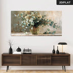 Wooden console table with decorative items against a wall with a large abstract painting.