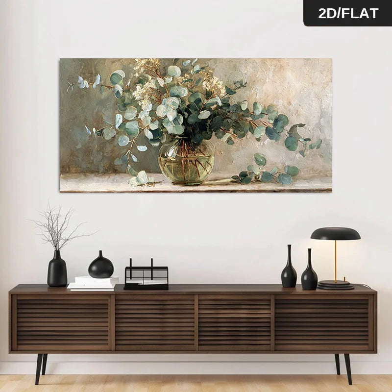 Wooden console table with decorative items against a wall with a large abstract painting.