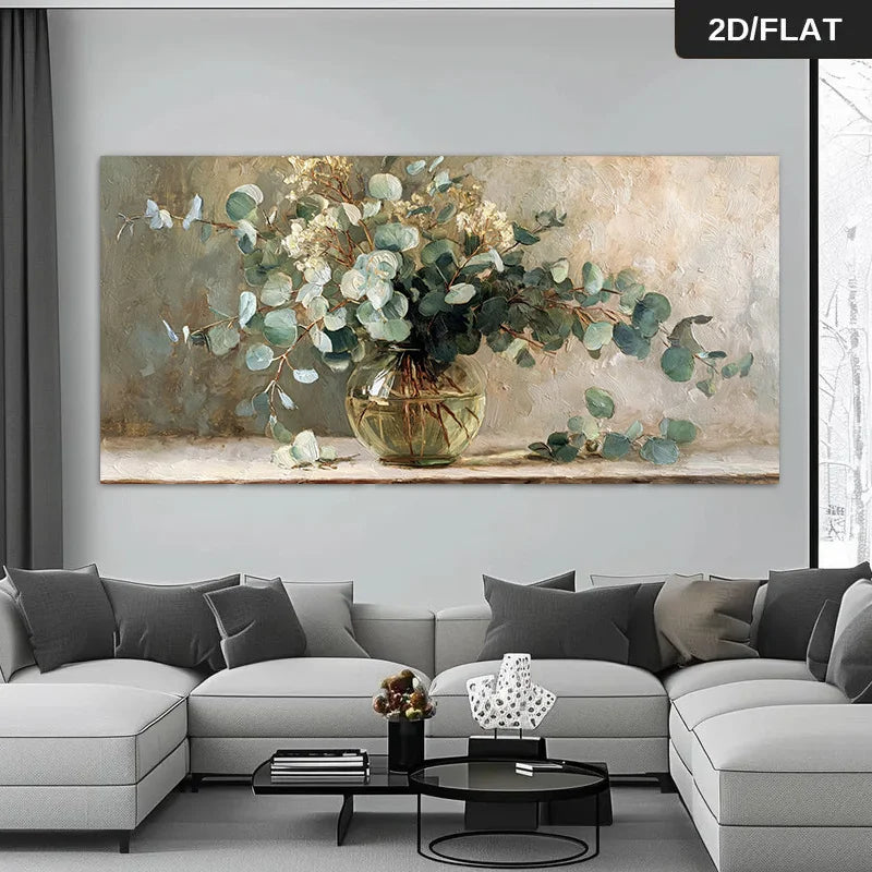 Living room with a large floral painting above a gray sectional sofa.