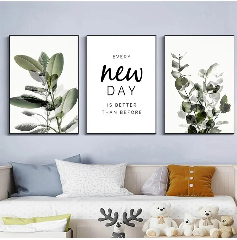 Every New Day Eucalyptus Green Leaves Wall Art Fine Art Canvas Prints Inspirational Quotes Posters Pictures For Living Room Home Office Art Decor