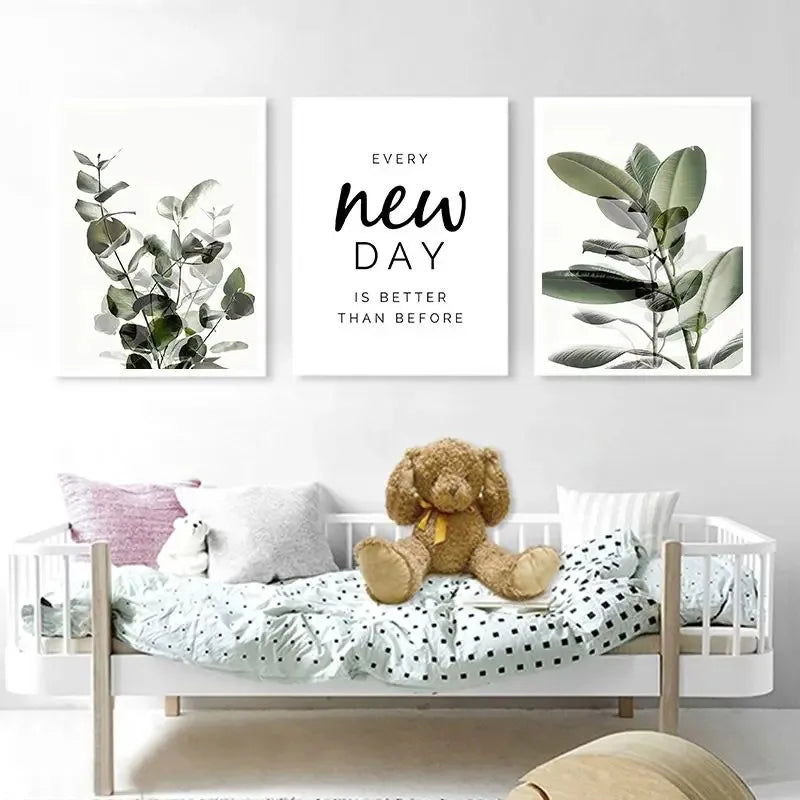 Every New Day Eucalyptus Green Leaves Wall Art Fine Art Canvas Prints Inspirational Quotes Posters Pictures For Living Room Home Office Art Decor
