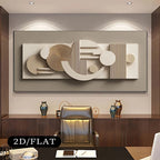 Abstract wall art in a modern office setting with a desk and chair.