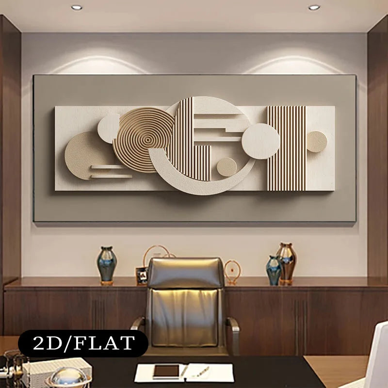 Abstract wall art in a modern office setting with a desk and chair.