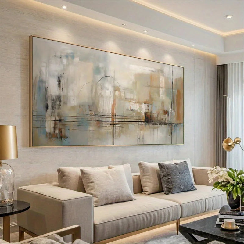 Modern living room with a large abstract painting on the wall, beige sofa, and decorative elements.