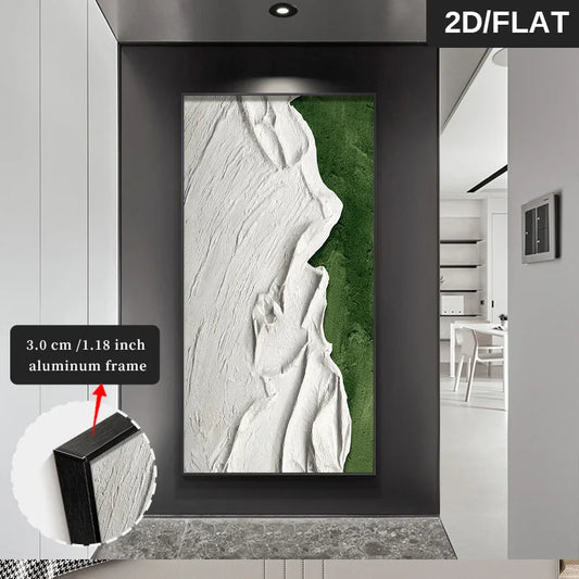 FRAMED Abstract Green White Organic Textural Concept Wall Art - Big Sizes Canvas Prints + Slim Bezel Black Metal Frame