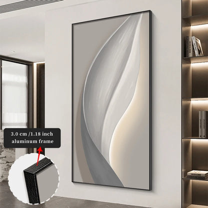 Framed abstract art piece on a wall with an inset showing the aluminum frame thickness.