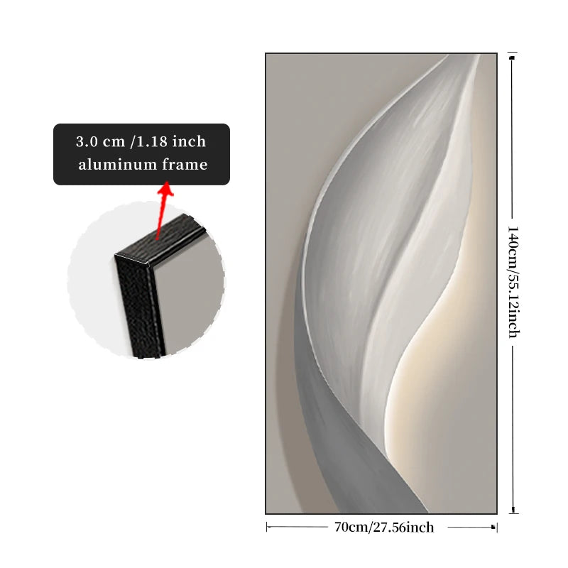Abstract wall art with dimensions and material details on a white background