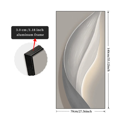 Abstract wall art with dimensions and material details on a white background