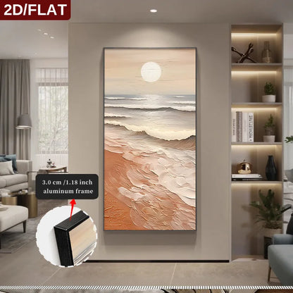 Framed artwork of a beach scene in a living room setting with a 2D/FLAT label.