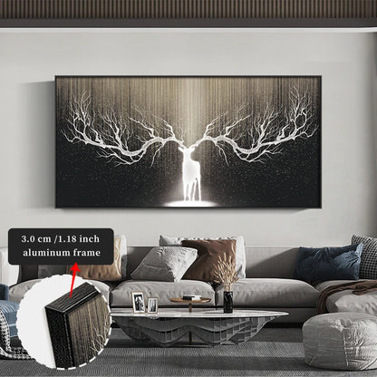 FRAMED Auspicious Deer Antlers Tree Branches Abstract Wall Art - Big Sizes Canvas Prints + Slim Bezel Black Metal Frame