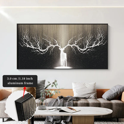 FRAMED Auspicious Deer Antlers Tree Branches Abstract Wall Art - Big Sizes Canvas Prints + Slim Bezel Black Metal Frame