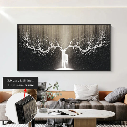 FRAMED Auspicious Deer Antlers Tree Branches Abstract Wall Art - Big Sizes Canvas Prints + Slim Bezel Black Metal Frame