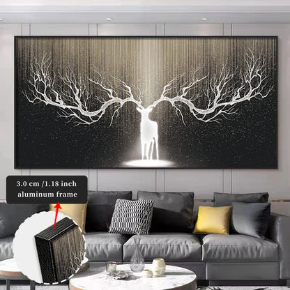Large wall art of two deer with antlers in a living room setting.