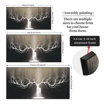 FRAMED Auspicious Deer Antlers Tree Branches Abstract Wall Art - Big Sizes Canvas Prints + Slim Bezel Black Metal Frame