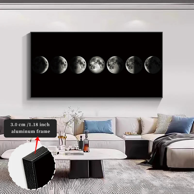 Framed artwork of moon phases on a wall in a living room.