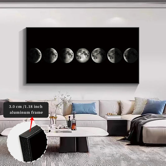 Framed artwork of moon phases on a wall in a living room.