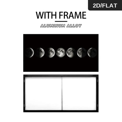 FRAMED Black & White Moon Phases Wall Art - Big Sizes Canvas Prints + Slim Bezel Black Metal Frame