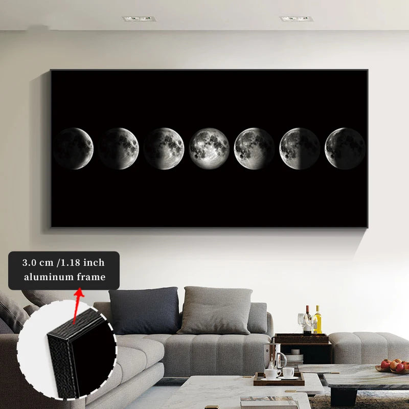 Canvas wall art of moon phases in a living room with a sofa and coffee table.