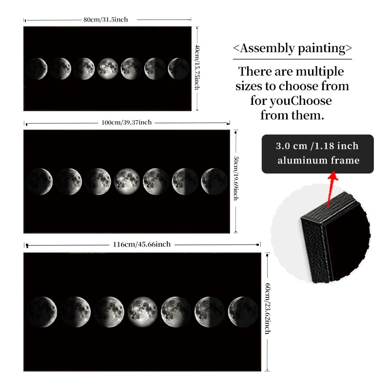 Diagram showing different sizes of moon phase assembly painting with dimensions and an aluminum frame detail.