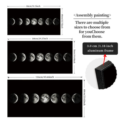 Diagram showing different sizes of moon phase assembly painting with dimensions and an aluminum frame detail.