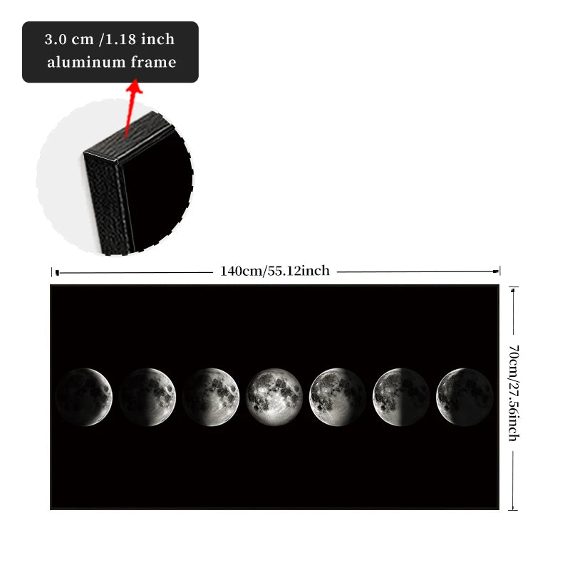 Diagram showing dimensions of a moon phase wall art with an aluminum frame.