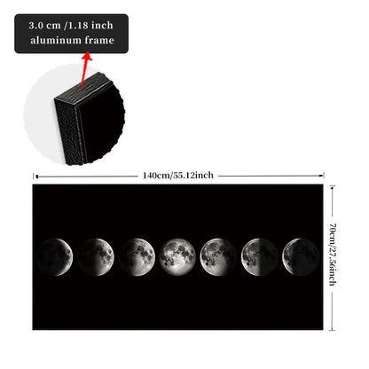Diagram showing dimensions of a moon phase wall art with an aluminum frame.