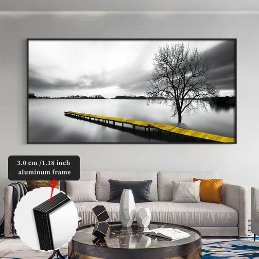 FRAMED Calming Lake Pier Landscape Wall Art - Big Sizes Yellow Black White Canvas Print + Slim Bezel Black Metal Frame