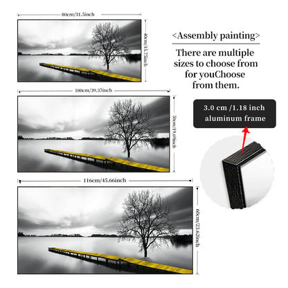 FRAMED Calming Lake Pier Landscape Wall Art - Big Sizes Yellow Black White Canvas Print + Slim Bezel Black Metal Frame