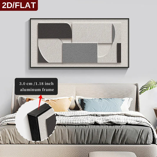 FRAMED Geometric Abstract Wall Art - Big Sizes Neutral Colors Canvas Print + Slim Bezel Black Metal Frame