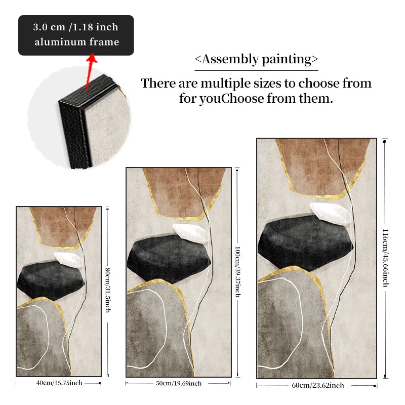 Artistic assembly painting with dimensions and frame details on a white background