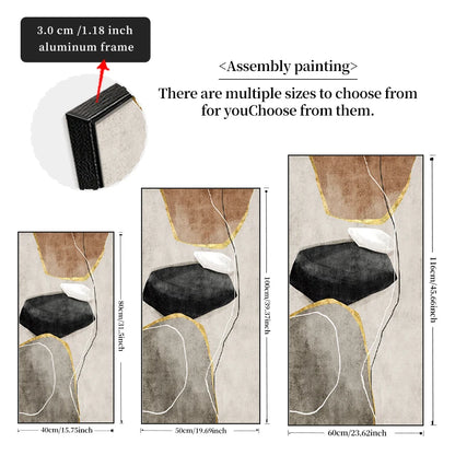 Artistic assembly painting with dimensions and frame details on a white background