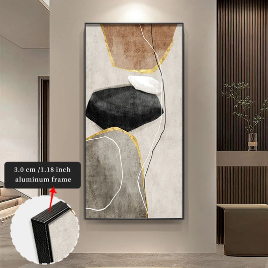 Abstract art painting with a black frame on a wall, showing a close-up of the frame detail.
