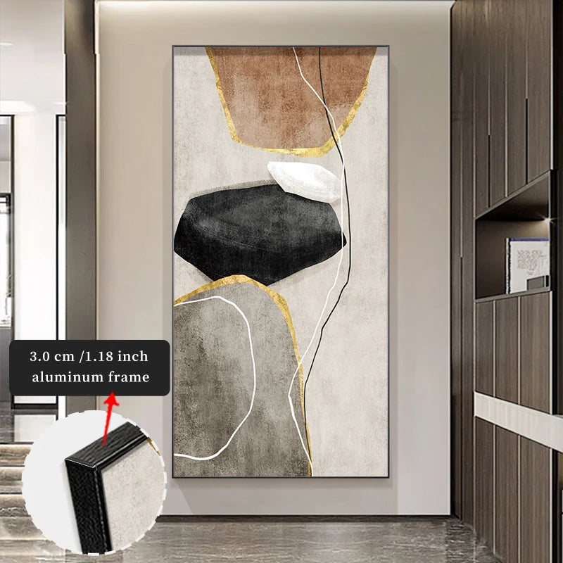 Abstract art piece in a modern interior setting with an inset showing the frame thickness.
