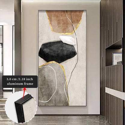 Abstract art piece in a modern interior setting with an inset showing the frame thickness.