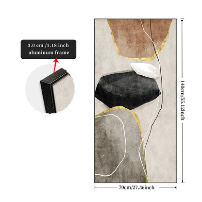 Abstract art piece with a close-up of an aluminum frame and dimensions indicated.