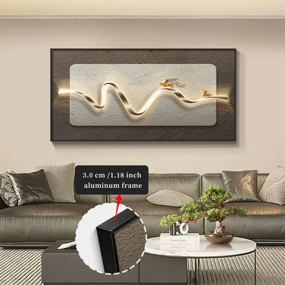 Decorative wall art with wavy design and LED lights in a living room setting.