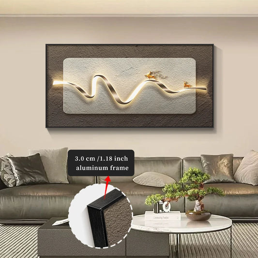 Decorative wall art with wavy design and LED lights in a living room setting.