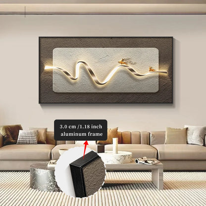 Decorative wall art with a 3.0 cm / 1.18 inch aluminum frame in a living room setting.