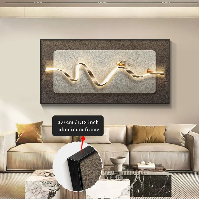 FRAMED Light Luxury Golden Deer Flowing Abstract Wall Art – Big Sizes Canvas Prints + Slim Bezel Black Metal Frame