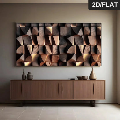 Wooden sideboard with decorative vases in a room with a large wall-mounted abstract art piece.