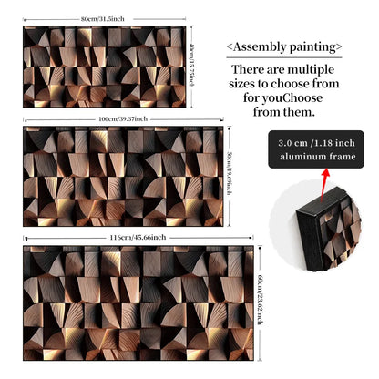 Geometric patterned wall art with dimensions and an aluminum frame detail on a white background.