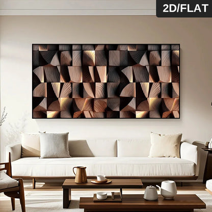 Living room with a large abstract wooden wall art piece above a white sofa.