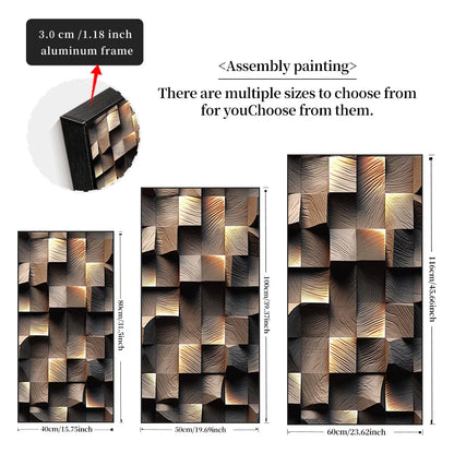 FRAMED Modern Aesthetics Abstract Geometric Wood Block Design - Big Sizes Canvas Print + Slim Bezel Black Metal Frame